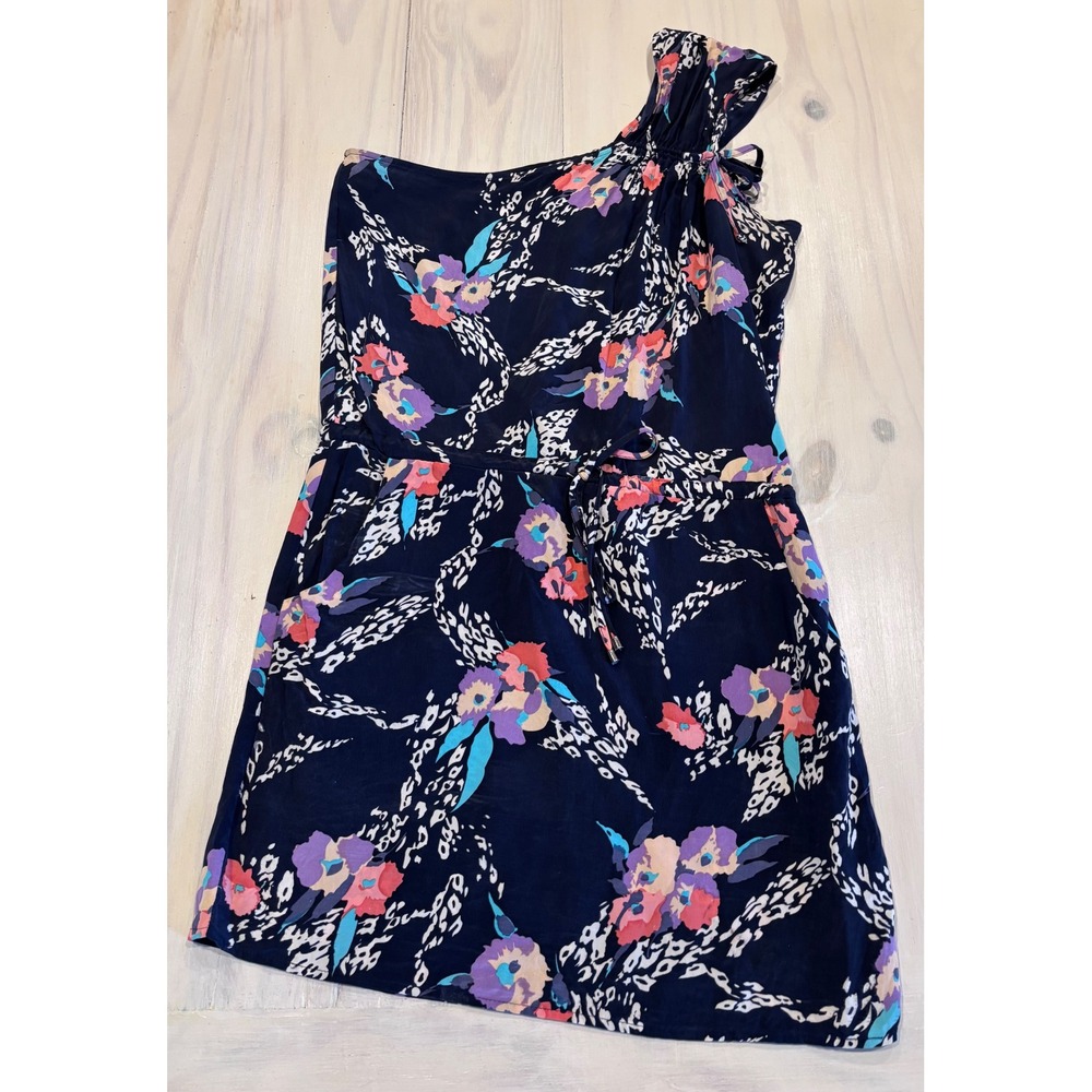 Yumi Kim XS Navy Blue Floral‎ Silk One Shoulder Mini Dress with Pockets EUC